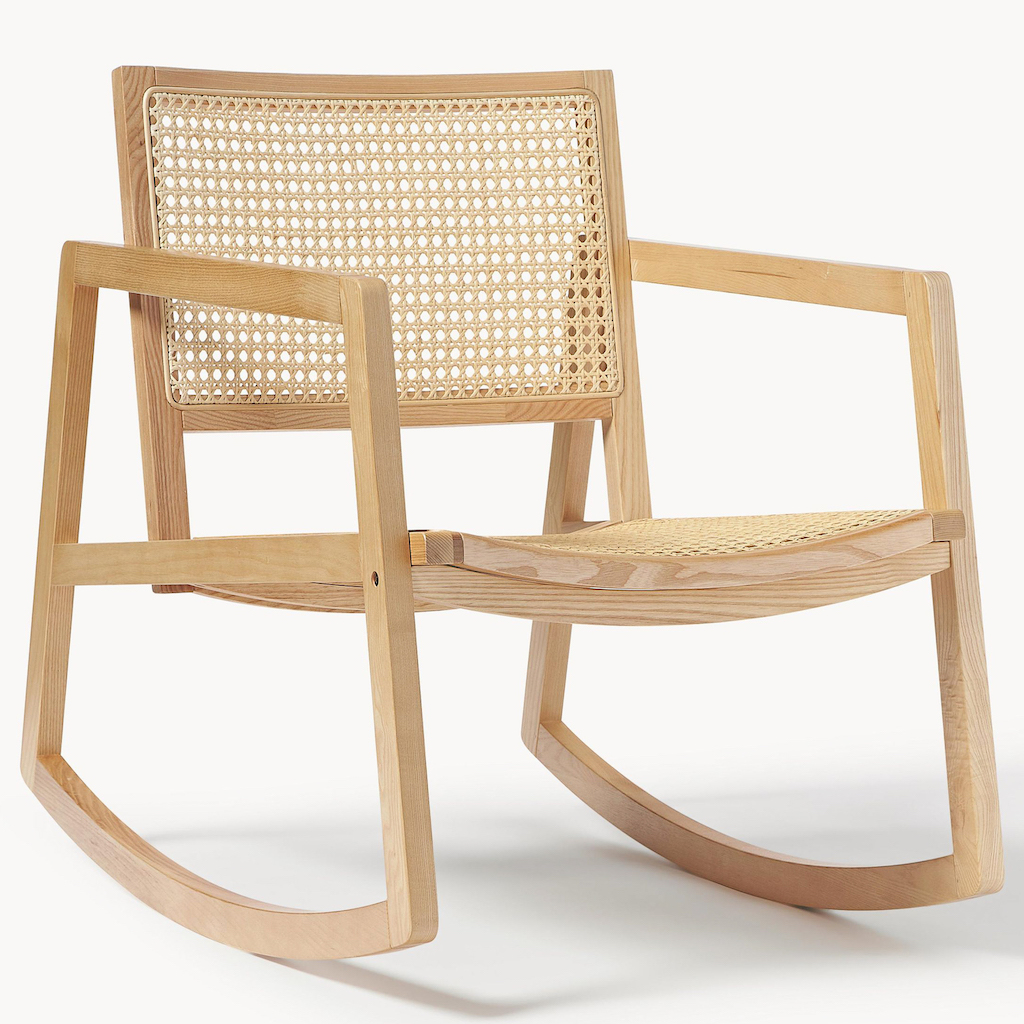 fauteuil à bascule en bois et cannage